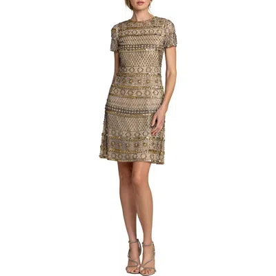 Mac Duggal Short Sleeve Embellished Mesh Mini Dress In Gray