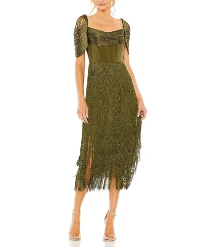 Mac Duggal Short Sleeve Fringe Detailed Midi Dress In Green