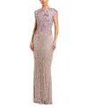 Mac Duggal Short Sleeve Mesh Gown With Fringe Beading In Gold