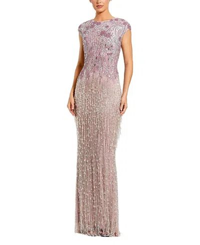 Mac Duggal Short Sleeve Mesh Gown With Fringe Beading In Gold
