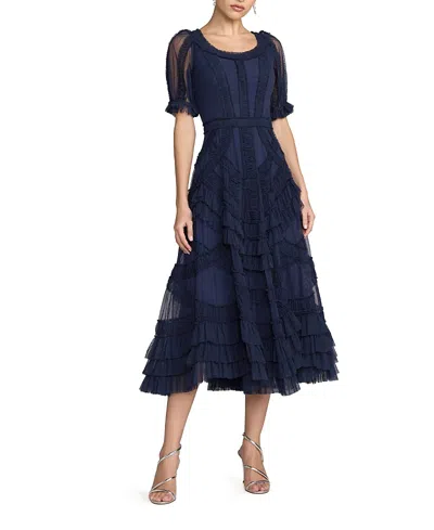 Mac Duggal Short Sleeve Mesh Micro Ruffle Midi Dress In Brown