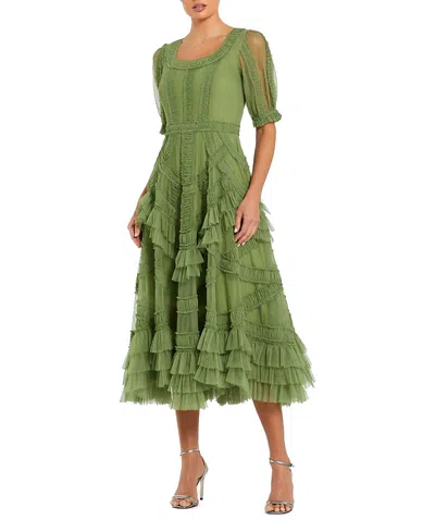 Mac Duggal Short Sleeve Mesh Mirco Ruffle Midi Dress In Green
