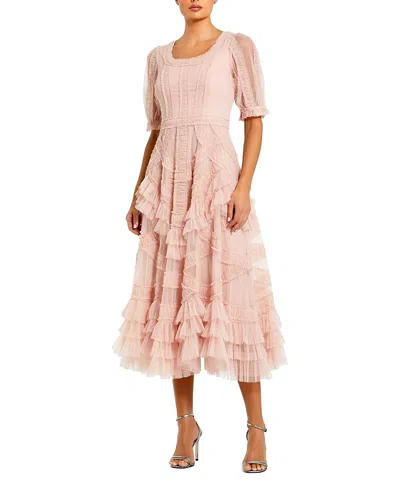 MAC DUGGAL SHORT SLEEVE MESH MIRCO RUFFLE MIDI DRESS