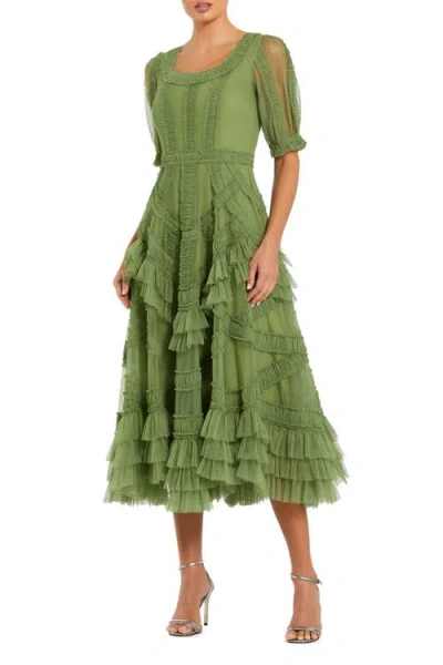 Mac Duggal Short Sleeve Micro Ruffle Midi Dress In Green