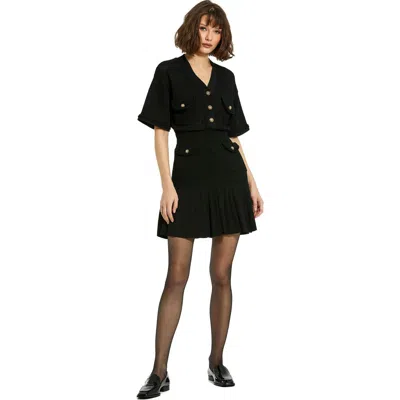 Mac Duggal Short Sleeve Pleated Hem Detail Button Up Sweater Dress In Black