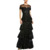 Mac Duggal Short Sleeve Tiered Mesh Gown With Embellishments In Black