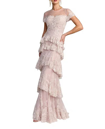Mac Duggal Short Sleeve Tiered Mesh Gown With Embellishments In Pink
