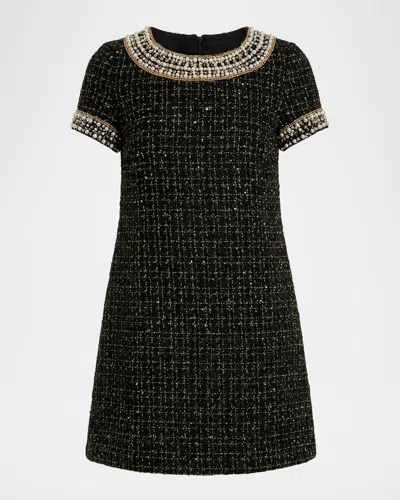 Mac Duggal Short Sleeve Boucle Mini Dress With Beading Detail In Black