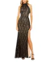 Mac Duggal Side Cut Out High Slit Sequin Detail High Neck Gown In Black