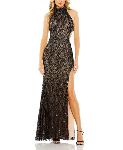 MAC DUGGAL SIDE CUT OUT HIGH SLIT SEQUIN DETAIL HIGH NECK GOWN