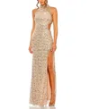 Mac Duggal Side Cut Out High Neck Sequin Gown In Rose Gold