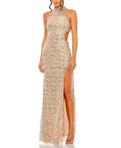 MAC DUGGAL SIDE CUT OUT HIGH SLIT SEQUIN DETAIL HIGH NECK GOWN