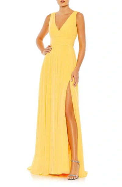 Mac Duggal Side Slit Sleeveless Chiffon Gown In Buttercup