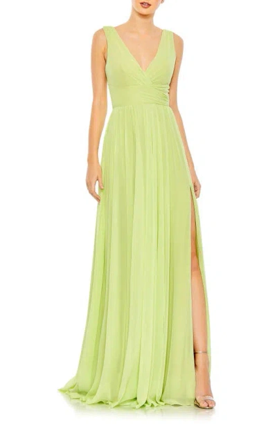 Mac Duggal Side Slit Sleeveless Chiffon Gown In Lime