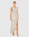 Mac Duggal Silver Sequined Faux Wrap Ruffle Cap Sleeve Gown In White