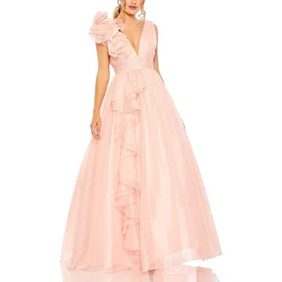 Mac Duggal Single Cascading Ruffle Shoulder V-neck Chiffon Gown In Blush