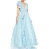 Mac Duggal Single Cascading Ruffle Shoulder V-neck Chiffon Gown In Powder Blue