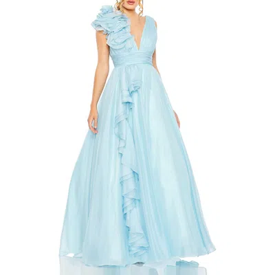 Mac Duggal Single Cascading Ruffle Shoulder V-neck Chiffon Gown In Powder Blue