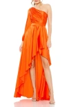 Mac Duggal Single Long Sleeve Pleated Bodice High Low Gown In Orange