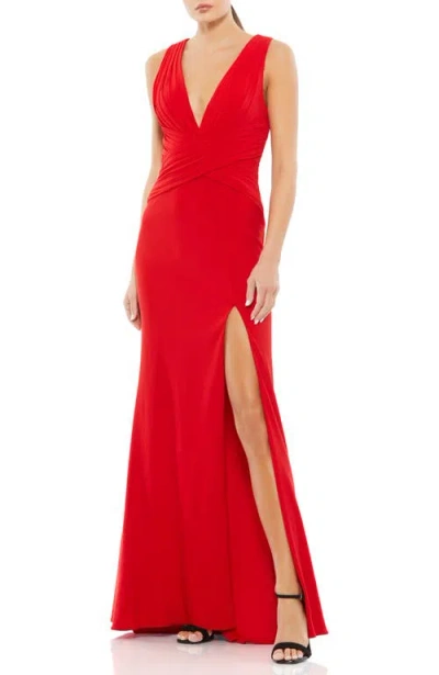 Mac Duggal Sleek Sleeveless Jersey Dress With Deep V-neck And Slit In Red