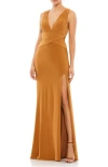 Mac Duggal Sleek Sleeveless Jersey Dress With Deep V-neck And Slit In Brown
