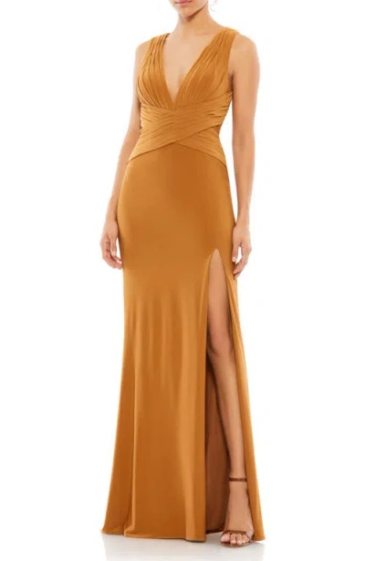 Mac Duggal Sleek Sleeveless Jersey Dress With Deep V-neck And Slit In Brown