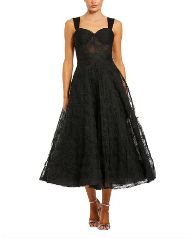Mac Duggal Sleeveless A Line Bustier Floral Tulle Midi Dress In Black