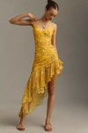 Mac Duggal Floral Ruffle Asymmetrical Slit Gown In Yellow