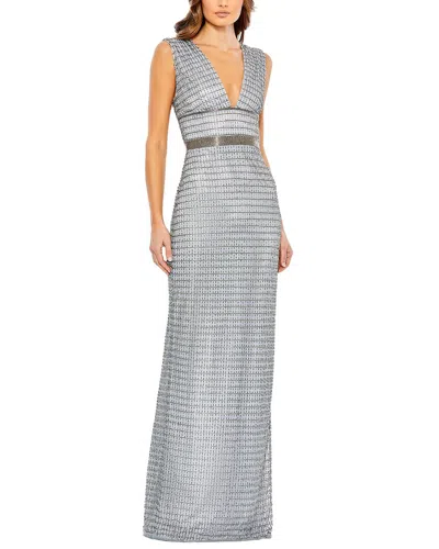 Mac Duggal Sleeveless Beaded V Neck Column Gown In Silver