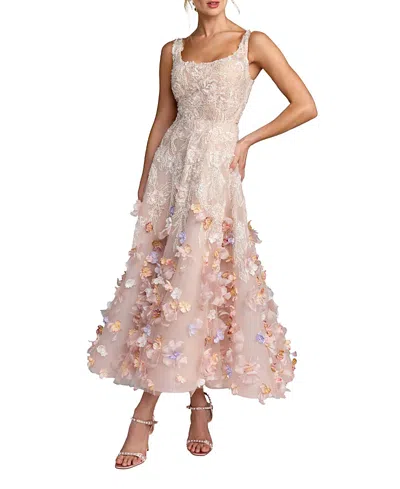 Mac Duggal Sleeveless Beaded With 3d Flowers Midi Dress In Pink