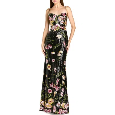 Mac Duggal Sleeveless Bustier Floral Applique Gown In Black