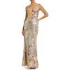 Mac Duggal Sleeveless Bustier Floral Applique Gown In Silver Multi