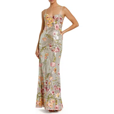 Mac Duggal Sleeveless Bustier Floral Applique Gown In Silver Multi