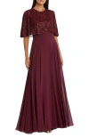 Mac Duggal Sleeveless Caped Beaded Overlay A-line Gown In Burgundy