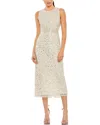 Mac Duggal Fringe Beaded Column Midi Dress In Grey
