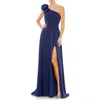 Mac Duggal Sleeveless Crepe Dress With Statement Bow And Thigh-high Slit In Blue