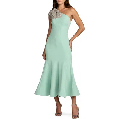Mac Duggal Sleeveless Crepe One Shoulder Mermaid Midi Dress With Flower In Green