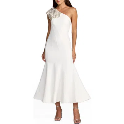 Mac Duggal Sleeveless Crepe One Shoulder Mermaid Midi Dress With Flower In White