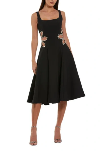 Mac Duggal Sleeveless Crepe Rhinestone Cutout Midi Dress In Black