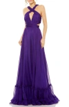 Mac Duggal Sleeveless Crisscross Halter Cutout Keyhole Tiered Gown