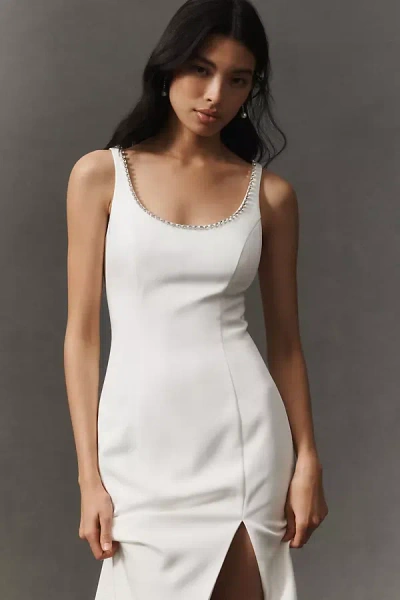 Mac Duggal Sleeveless Crystal-embellished Scoop-neck Side-slit Column Maxi Dress In White