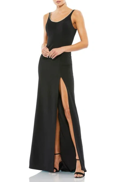 Mac Duggal Sleeveless Crystal Scoop Neckline Column Gown In Black