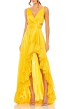 Mac Duggal Sleeveless Cut Out High Low Ruffle Gown In Marigold