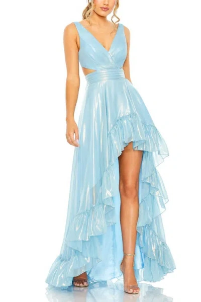 Mac Duggal Cut Out High Low Ruffle Gown In Blue