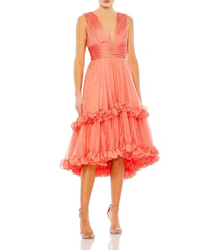 MAC DUGGAL SLEEVELESS DEEP V NECK RUFFLE TIERED CHIFFON DRESS