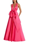 Mac Duggal Sleeveless Deep V Satin Gown With Oversized Bow In Hot Pink
