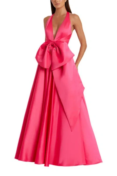 Mac Duggal Sleeveless Deep V Satin Gown With Oversized Bow In Hot Pink