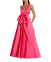 Mac Duggal Sleeveless Deep V Satin Gown With Oversized Bow In Hot Pink