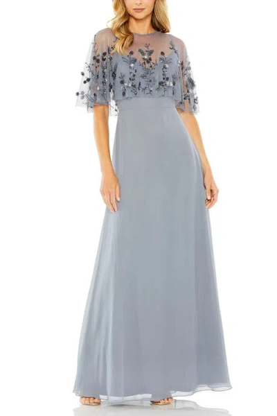 Mac Duggal Sleeveless Embellished Cape Evening Gown In Blue