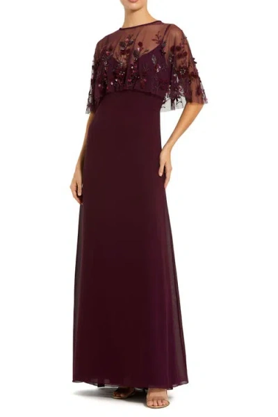 Mac Duggal Sleeveless Embellished Cape Evening Gown In Burgundy